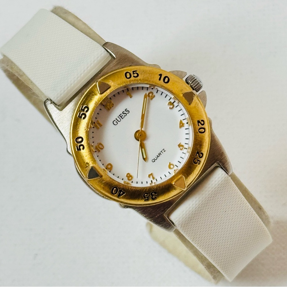 Vintage 1992 GUESS Women's Rotating Bezel Two Tone Watch White Dial Band